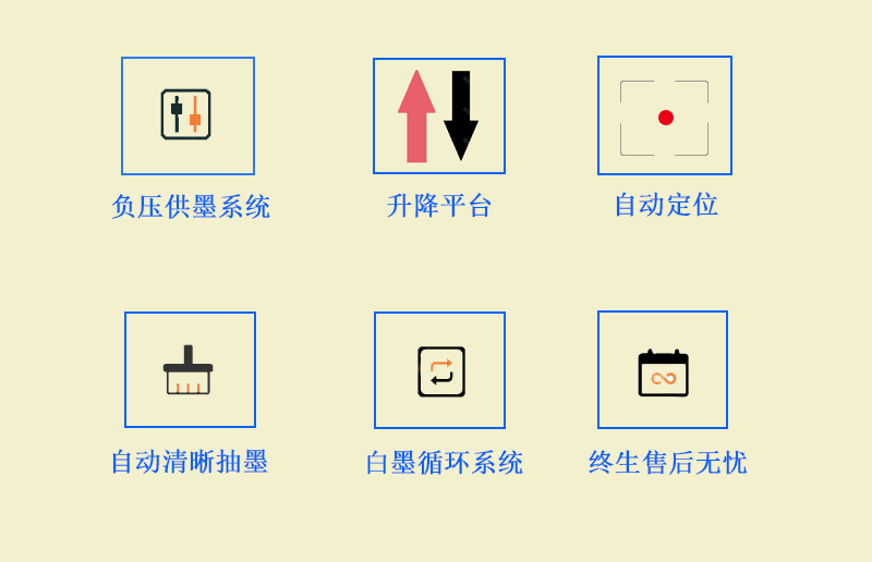 9060uv萬能打印機采用的是負壓供墨系統(tǒng)，超強吸附平臺，噴頭加熱恒溫，自動清晰抽墨系統(tǒng)，白墨循環(huán)系統(tǒng)，以及終生售后無憂